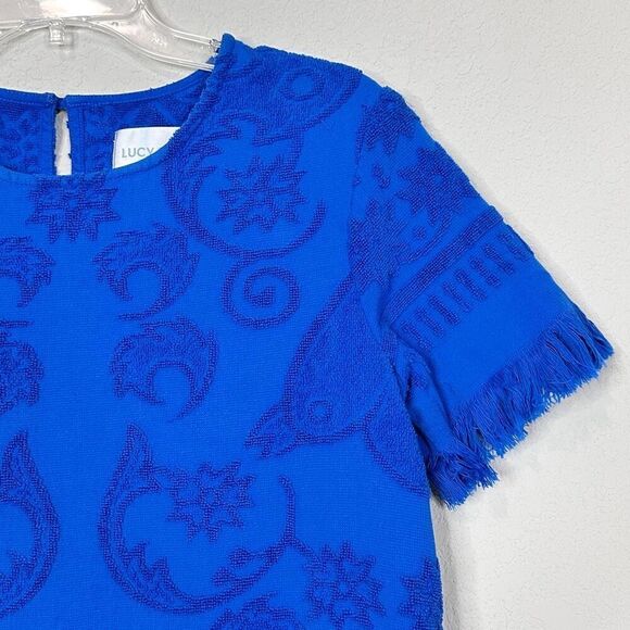 Lucy Folk Towelling Mini Dress Size S Blue Fringe Boho Preppy Vacation Resort - Picture 10 of 12